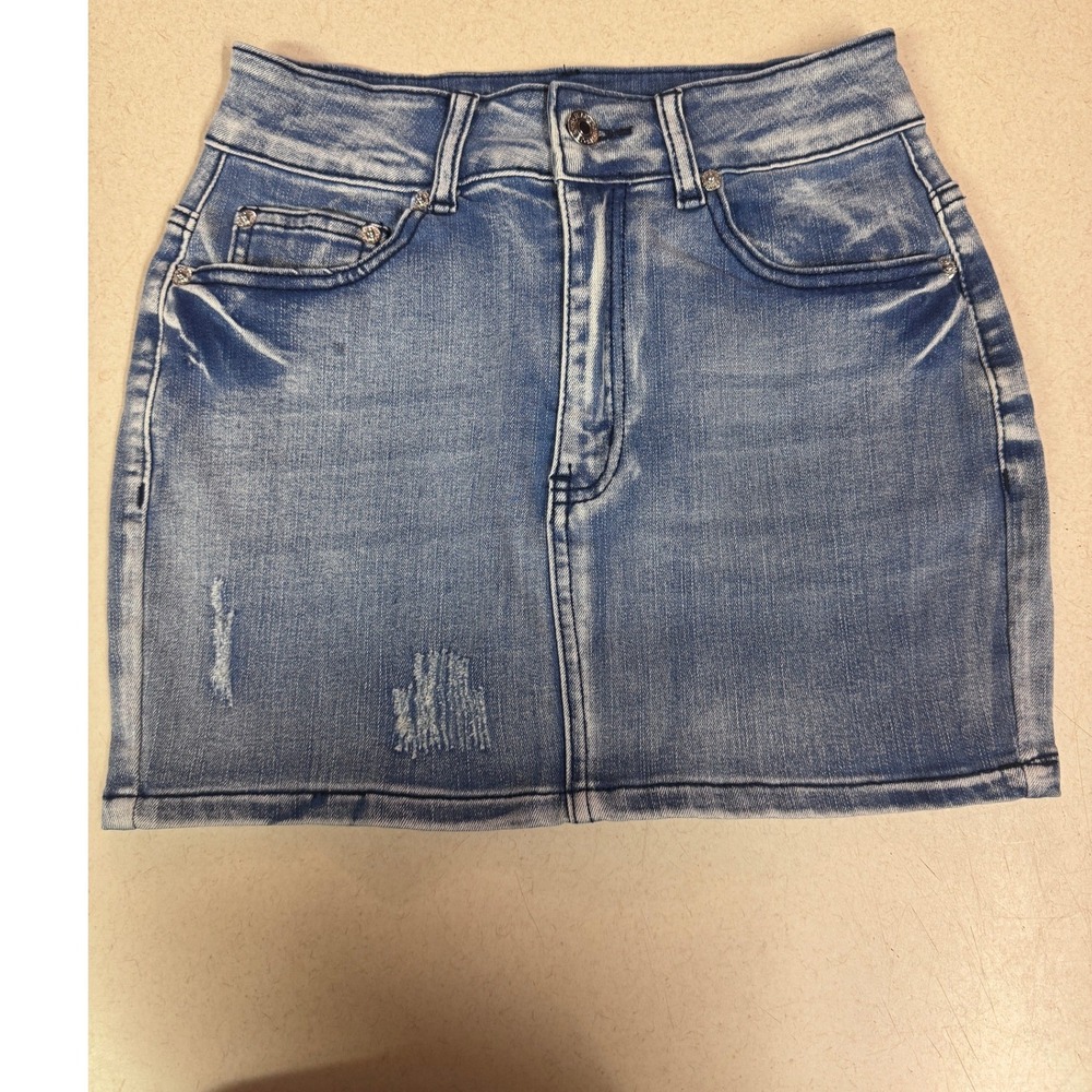 Unbranded Distressed Denim Mini Skirt Medium Wash Rhinestone Size S